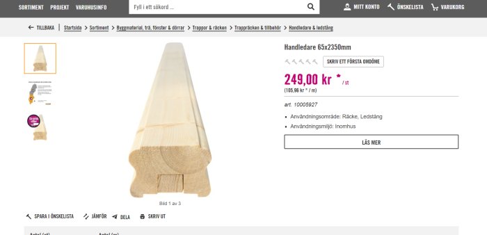 Trähandledare på 2350mm för inomhusräcken, visad på webbutikens produktsida.