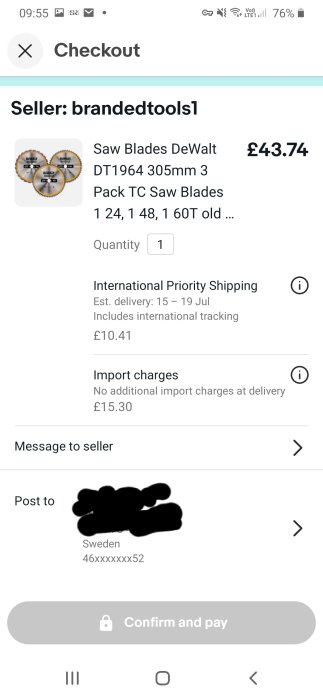 Skärmdump av eBay-utcheckningssida för DeWalt sågblad, leverans till Sverige listad.