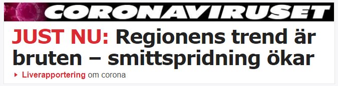 Skärmdump från Aftonbladet med rubriken "JUST NU: Regionens trend är bruten – smittspridning ökar" om coronaviruset.