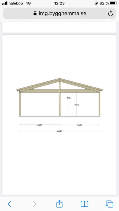Ritning av en carport med måttangivelser.