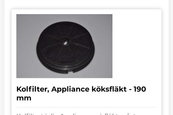 Svart kolfilter till köksfläkt, 190 mm i diameter, placerad mot vit bakgrund.