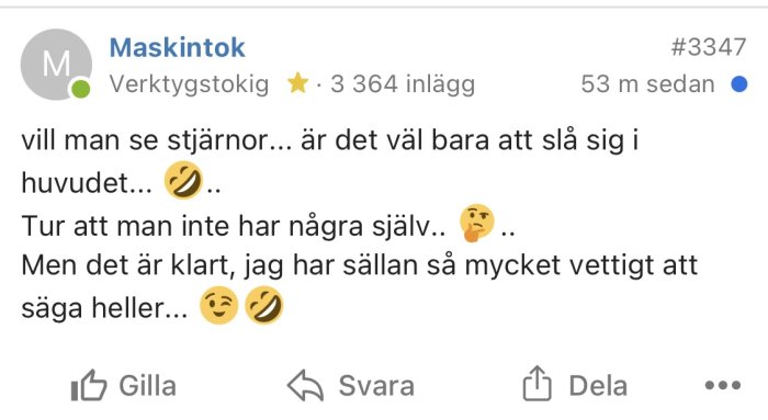 Skärmdump av ett inlägg på ett diskussionsforum av en användare som skojfriskt pratar om att se stjärnor.