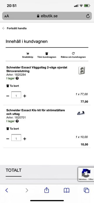 Skärmdump av en onlinevarukorg med Schneider Exxact vägguttag och montageklor för elinstallation.