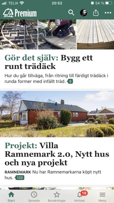 Skärmdump av diskussionsforum med artikel om att bygga runt trädäck och bild på rött tegelhus.