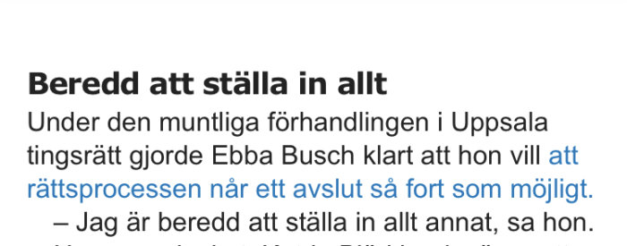 Skärmbild av nyhetsartikel med rubriken "Beredd att ställa in allt" och text om Ebba Busch.