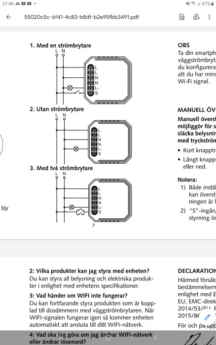Kopplingsschema för en dosdimmer med alternativ utan strömbrytare, inklusive ledningar och anslutningar.
