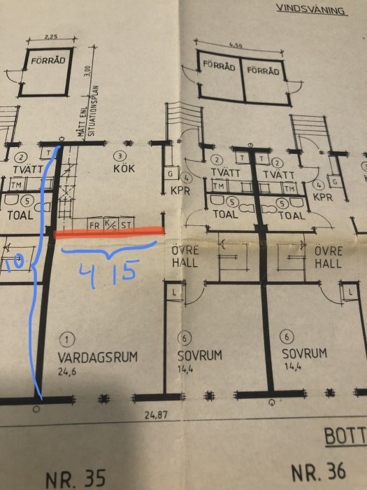 Husritning med markerad bärande innervägg och planerad balklängd på 4,15 meter i ett hemrenoveringsprojekt.