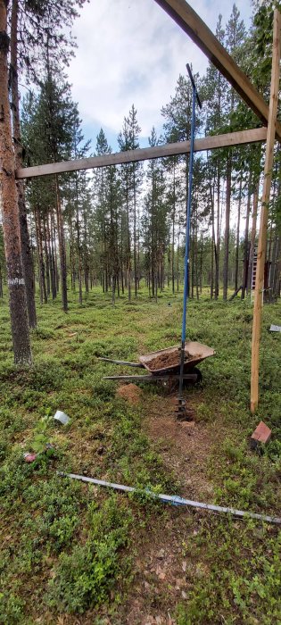 Borrigg i skogsmiljö med borrstång, filterrör, släta rör, trillebår och borrverktyg på marken.