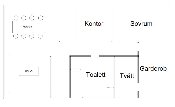 Planritning av bostad med markerade zoner för spotlights i kök, matplats och korridor.