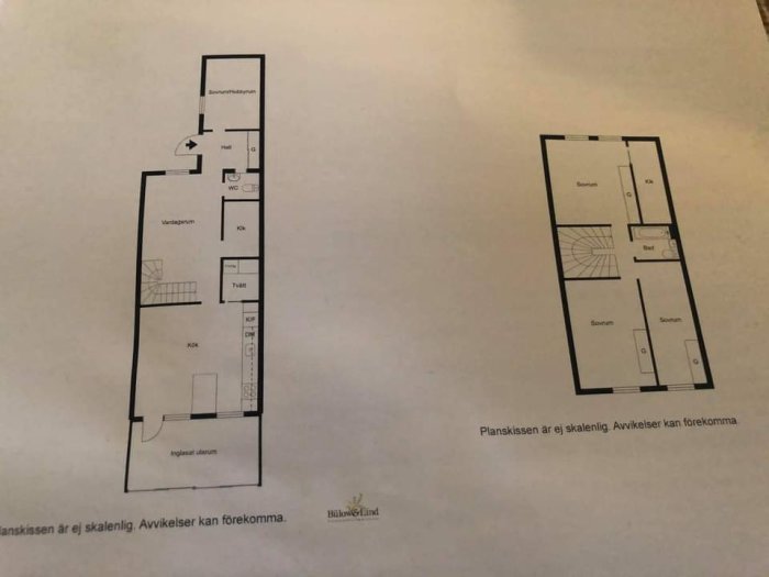 Två planskisser av en bostadsrätt med markerade områden för potentiell ombyggnad.