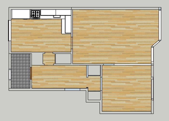 Planritning av en lägenhet som visar kök, vardagsrum och andra utrymmen för renoveringsplanering.