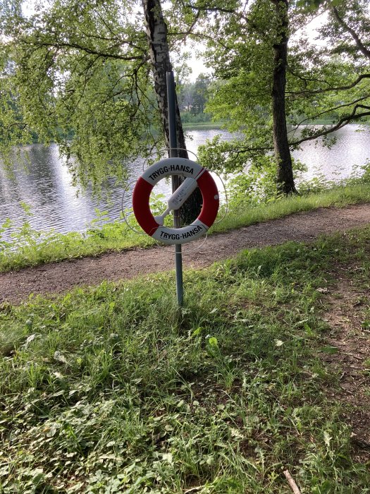 Livboj upphängd på stolpe vid sjö med grönska och träd i bakgrunden.