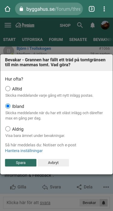 Skärmdump av en diskussionstråd på ett forum med en popup för notisinställningar, "Ibland" är valt.