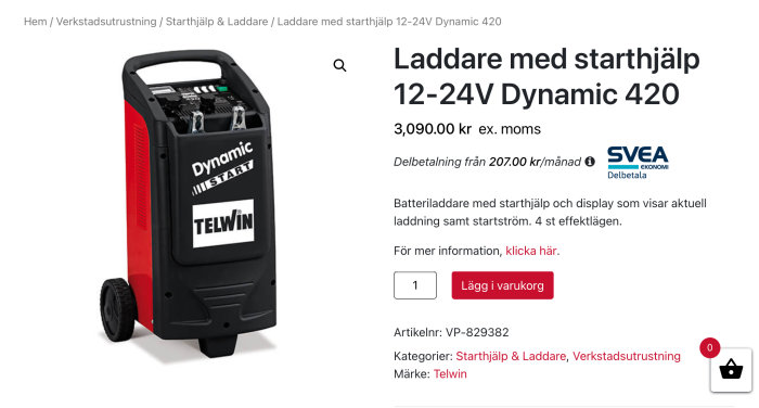 Batteriladdare med starthjälp Telwin Dynamic 420 på hjul med display och effektlägen.