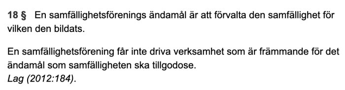 Utdrag av text om samfällighetsförening och dess ändamål enligt anläggningslagen, framställt i dokumentform.