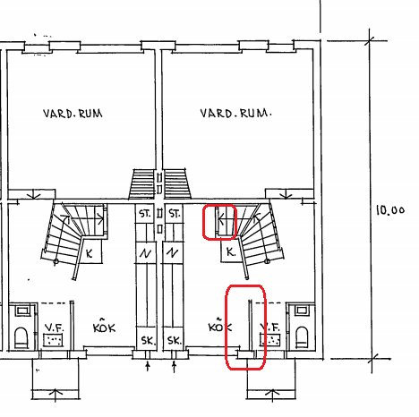 Ritning av betong-radhus från 50-talet med potentiellt icke-bärande väggar markerade i rött.