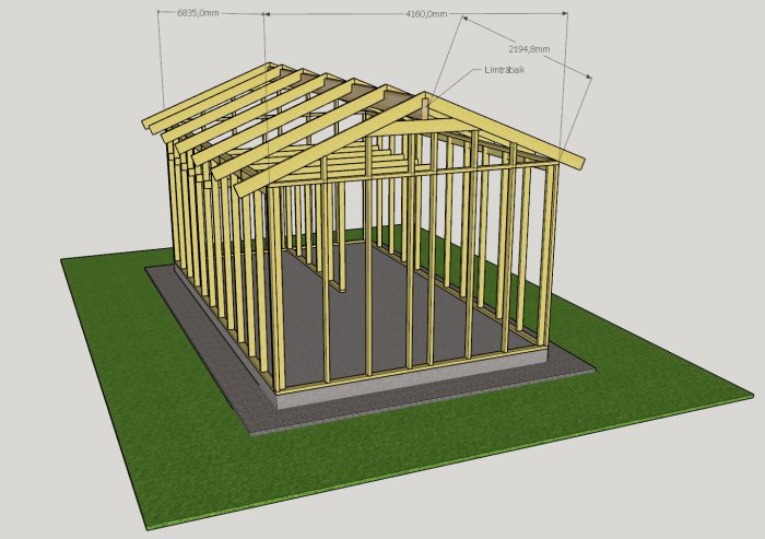 3D-ritning av stommen till ett attefallshus med måttangivelser och limträbalk som nockbräda.