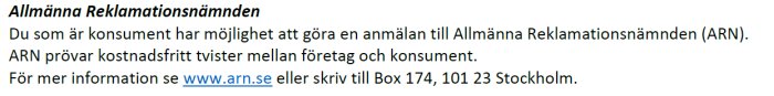 Text från Allmänna Reklamationsnämnden om möjligheten att anmäla tvister för konsumenter.