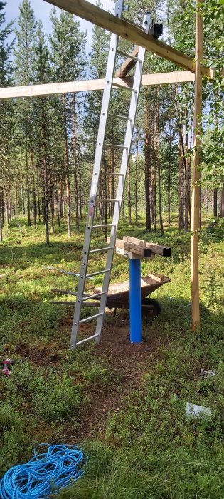 En stege uppställd vid ett byggnadsställning i en skogsmiljö med synliga rör och byggmaterial på marken.