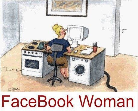 Tecknad bild av en kvinna som använder en dator, placerad på en tvättmaskin och en spis, humoristiskt kallad "Facebook Woman".