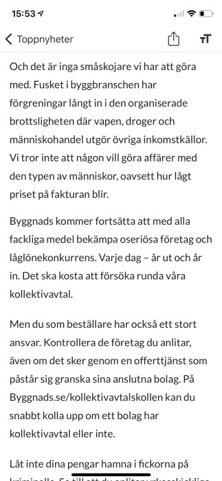 Skärmdump av en artikel om fusk i byggbranschen med fokus på brottslighet och vikten av att anlita seriösa företag.