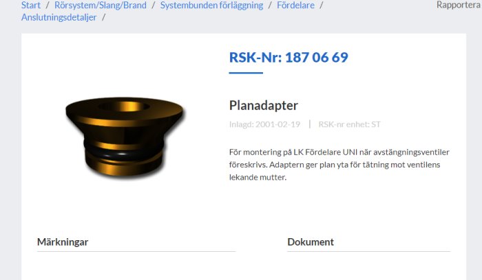 LK planadapter RSK 187 06 69 för anslutning mellan avstängningsventiler och klämringskopplingar.