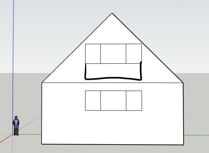 En skiss av ett hus med tänkt Fransk Balkong och en person bredvid för skala.