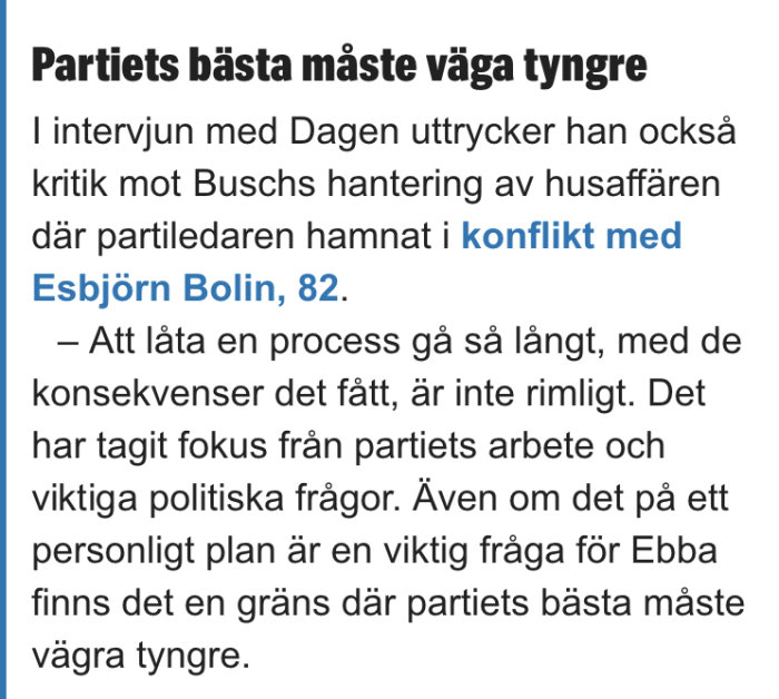 Skärmdump av en artikeltext som diskuterar en konflikt inom ett parti och fokus på viktiga politiska frågor.