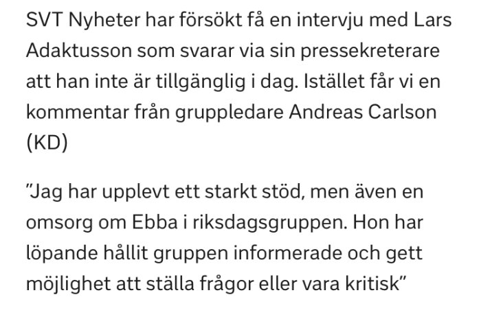 Skärmdump av ett nyhetsinlägg på SVT där pressekreterare svarar istället för politiker, med kommentar från en gruppledare.