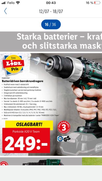 Skruvdragare i närbild med tekniska specifikationer och pris från Lidl, text "Parkside X20 V Team".