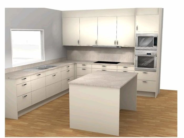 3D-ritning av ett kök med vita skåp, diskbänk, ö-skåp och inbyggda vitvaror, infälld spishäll och ugn.