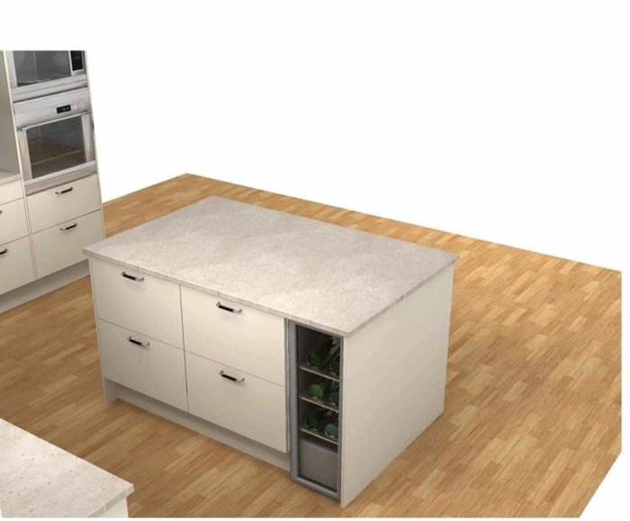 3D-rendering av ett kök med vitrinskåp, överskåp och köksö med lådor och arbetsyta.