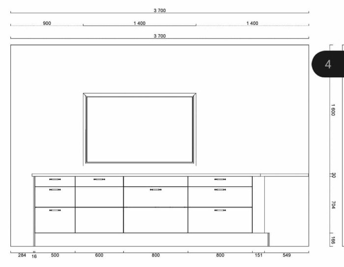 Svartvit teknisk ritning av ett köksinredningsschema med mått och placering för skåp, lådor, och ett fönster.