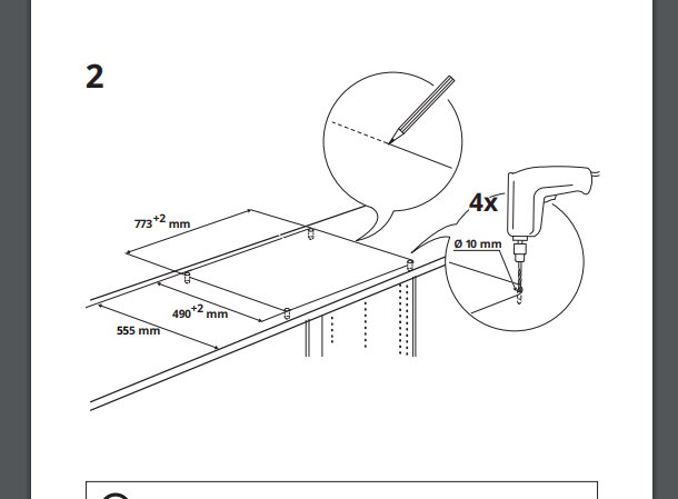 Montageanvisning med mått för håltagning från IKEA, inklusive en borr och mätning för skruvhål.