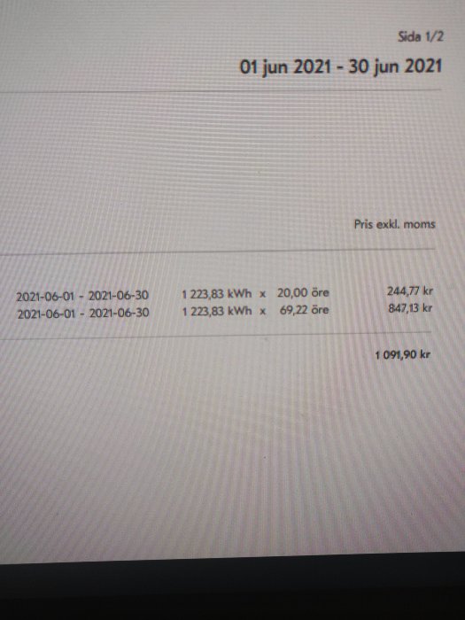 Skärmbild av en elräkning som redovisar förbrukningen och kostnaden för elektricitet under juni 2021.