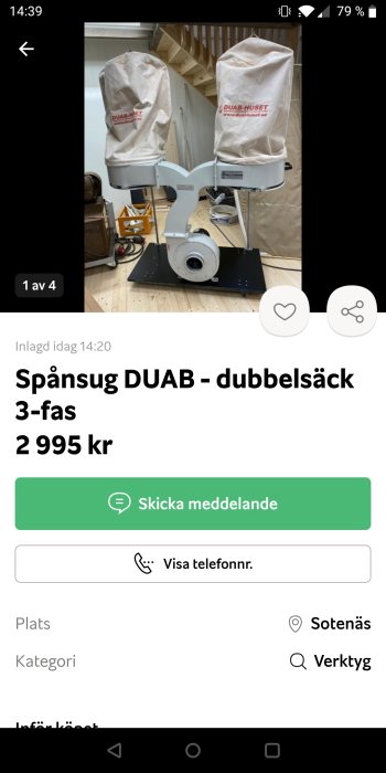 Spånsug med dubbelsäck från DUAB i en verkstadsmiljö.