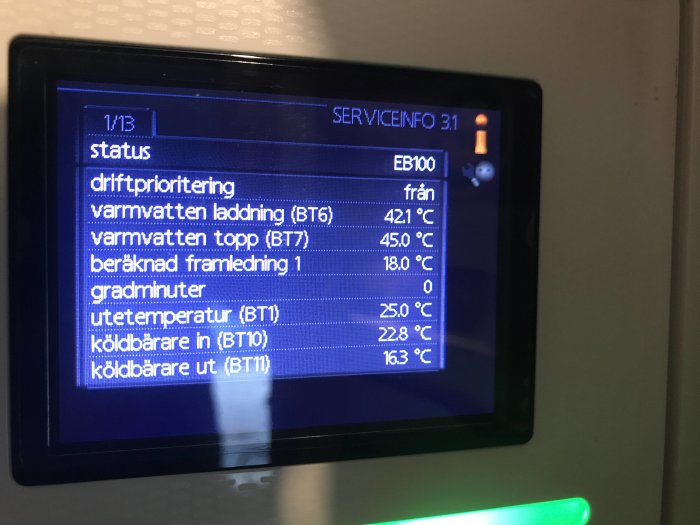 Display av bergvärmepump som visar driftinformation och temperaturinställningar.