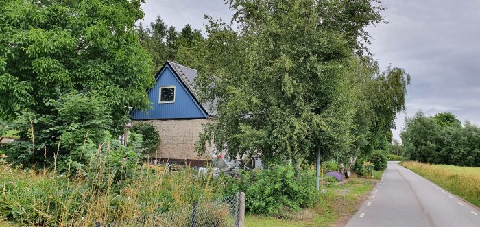 Nyrenoverad gavel på ett hus med blått tak och oputsad tegelvägg mot en grön trädgård.