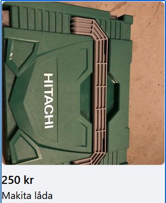 Grön Hitachi verktygslåda på ljusgrå underlag med text "250 kr Makita låda".