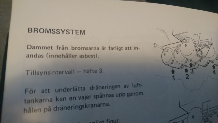 Sida från instruktionsbok som varnar för asbest i bromssystemets damm med tillhörande illustration.