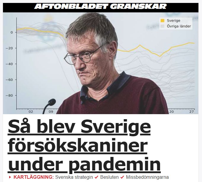 Graf över COVID-19 statistik med rubrik "Så blev Sverige försökskaniner under pandemin" och bekymrad man.
