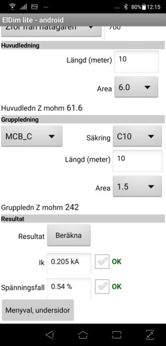 Skärmdump från "ELdim lite" app som visar gränssnitt för beräkning av elkretsar.