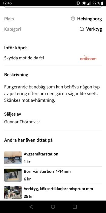 Skärmbild av en annons för en gratis bandsåg på en köp- och säljsajt med beskrivning och kontaktinformation.