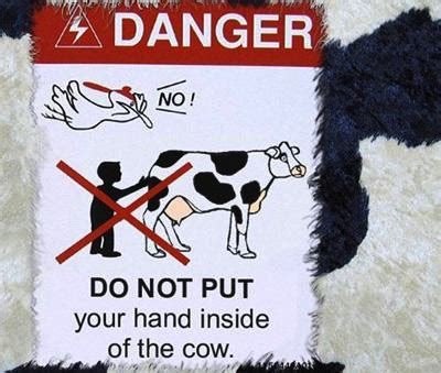 Varningsskylt som instruerar att inte stoppa handen i en ko med symboler och text "DO NOT PUT your hand inside of the cow.