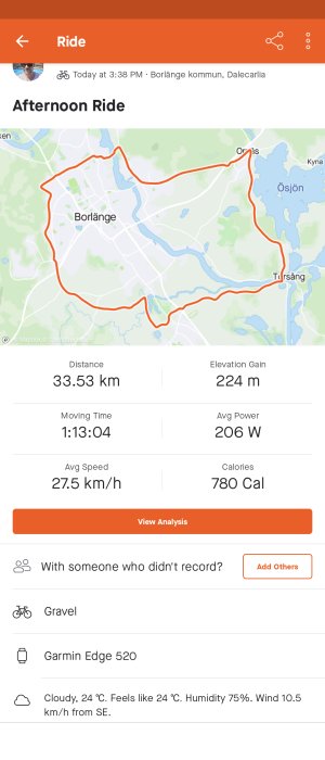 Cykelaktivitet på karta över Borlänge med rutt, distans 33,53 km, höjdvinst 224 m och olika statistik.
