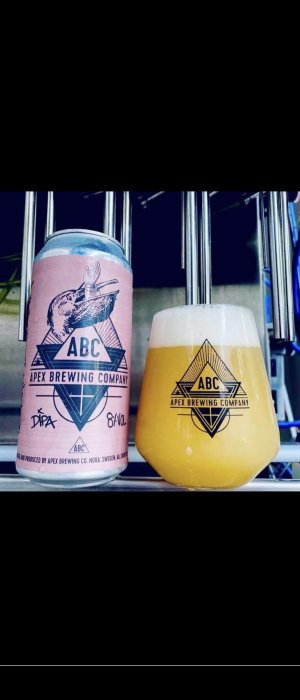 Apex Brewing Company's DIPA beer can beside a full glass, with the brewery's logo visible on both.