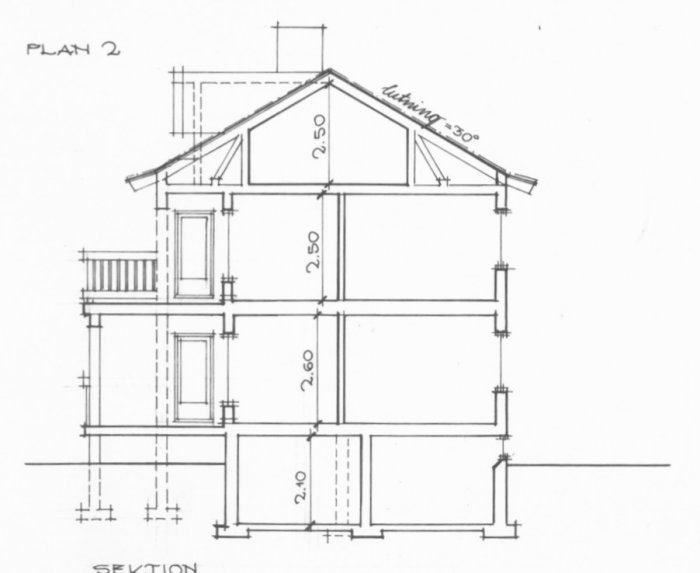 Arkitektonisk ritning av ett tvåfamiljshus med dimensioner för ombyggnad till enfamiljsbostad.