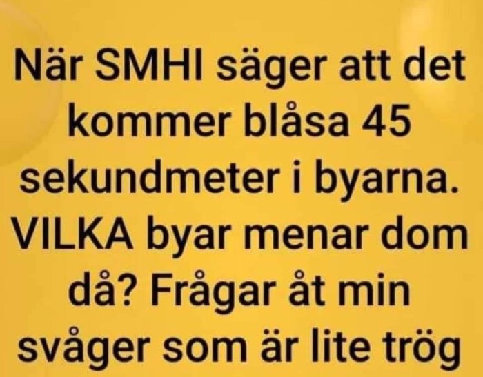 Gul bakgrund med text som uttrycker förvirring över SMHI:s varning om starka vindar i "byarna". Humoristisk ton.