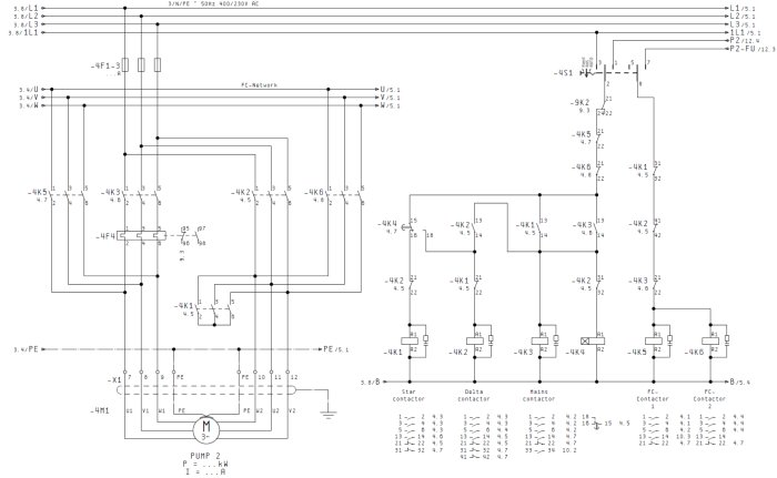 Schematisk ritning av en pumpanläggning med motor, kontaktorer och frekvensomvandlare i elektriska kretsar.