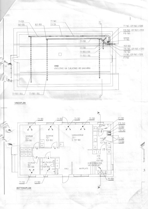 Teknisk ritning av FTX-ventilation i ett hus med beskrivning av rördragning genom kattvind och vindsbjälklag.